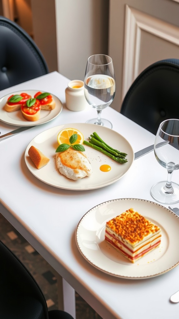 Delightful Three-Course Dinner Menu Ideas Elegant dining table with bruschetta, chicken piccata, and tiramisu for a three-course dinner.